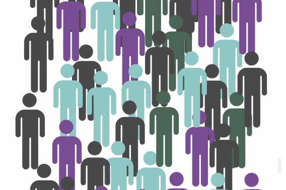 Several dozen simple figures of people in gray, blue, and purple.