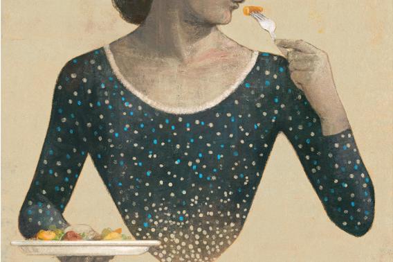 An illustration of a woman eating.