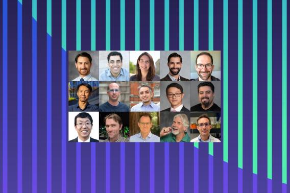 An array of fifteen portraits on a green and purple striped background.