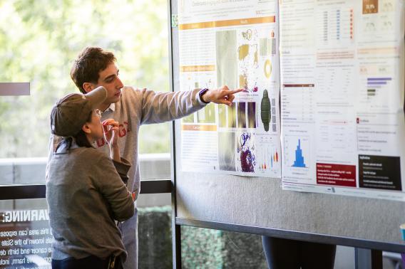 A researcher points to a poster describing his project while an onlooker listens.