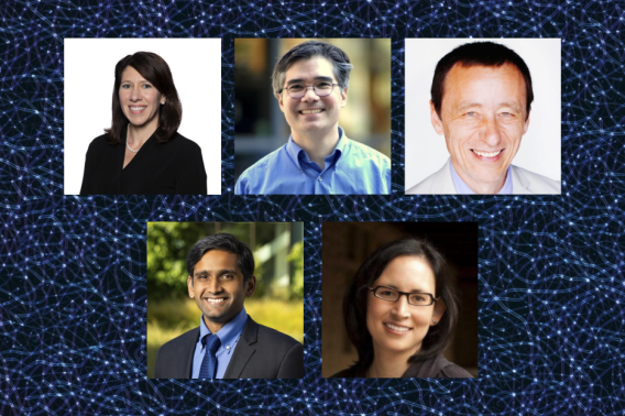 A composite photo of five researchers overlaid on a purple-black background.