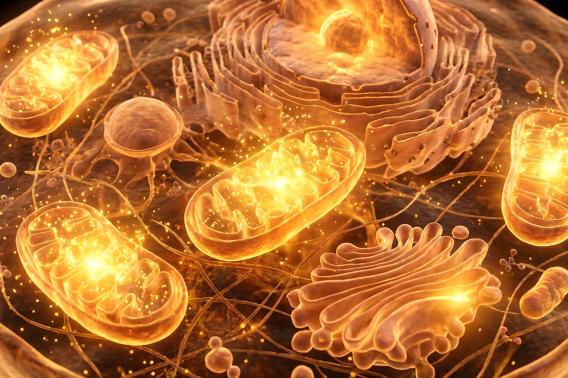A gold-colored illustration of lozenge-shaped mitochondria.