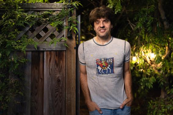 Karl Deisseroth in a tee shirt outside his home.