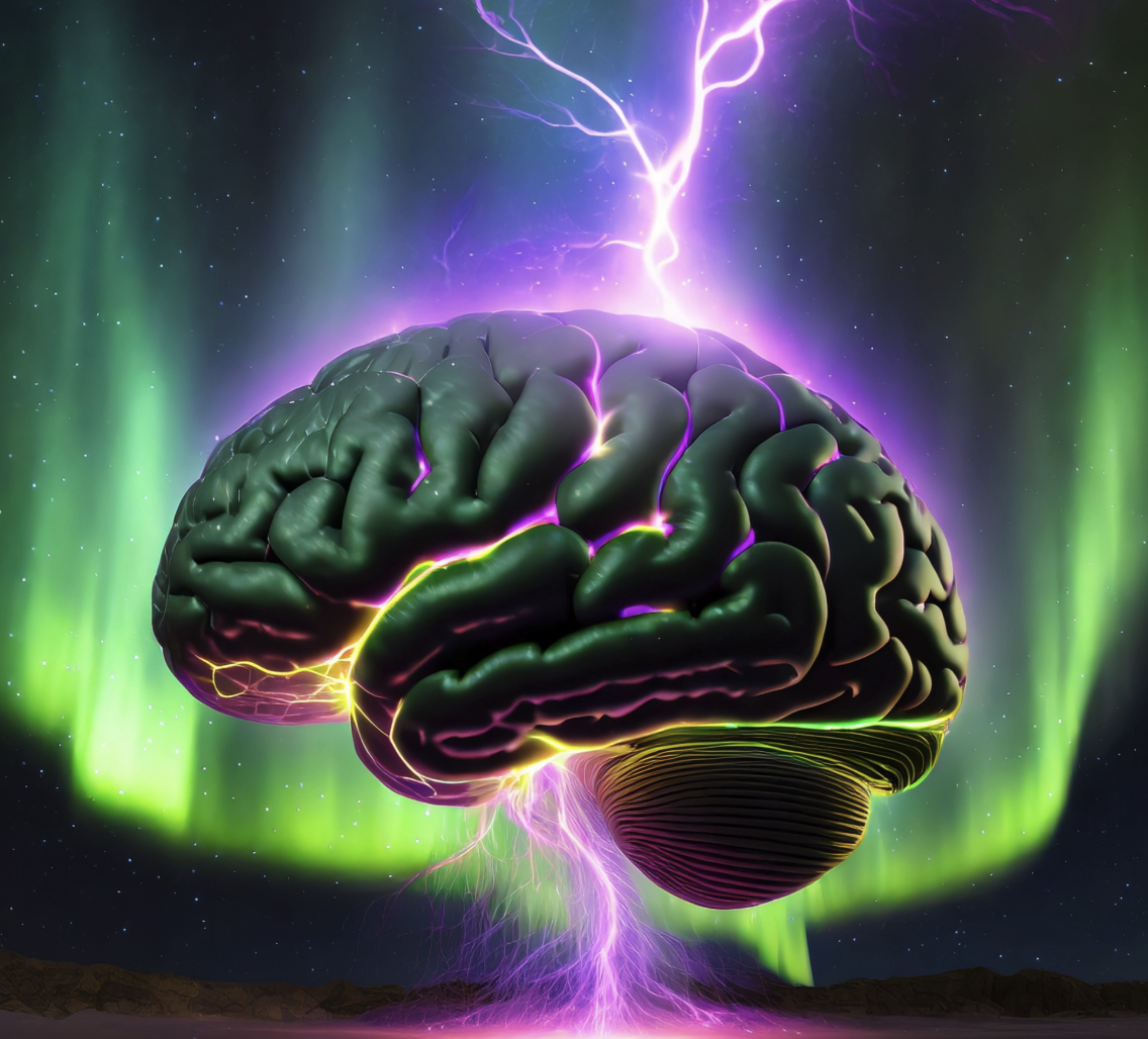 Illustration of a brain emitting electrical discharge against a sky with a green aurora