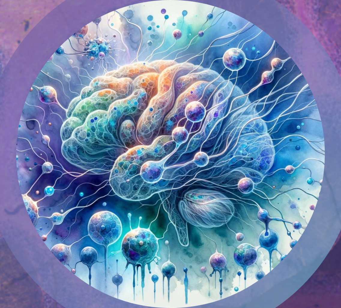 Watercolor image of a brain that explores the complex interplay between brain structures, neural networks, and lipid droplets, tied to Alzheimer's research and the APOE4/4 gene discovery.