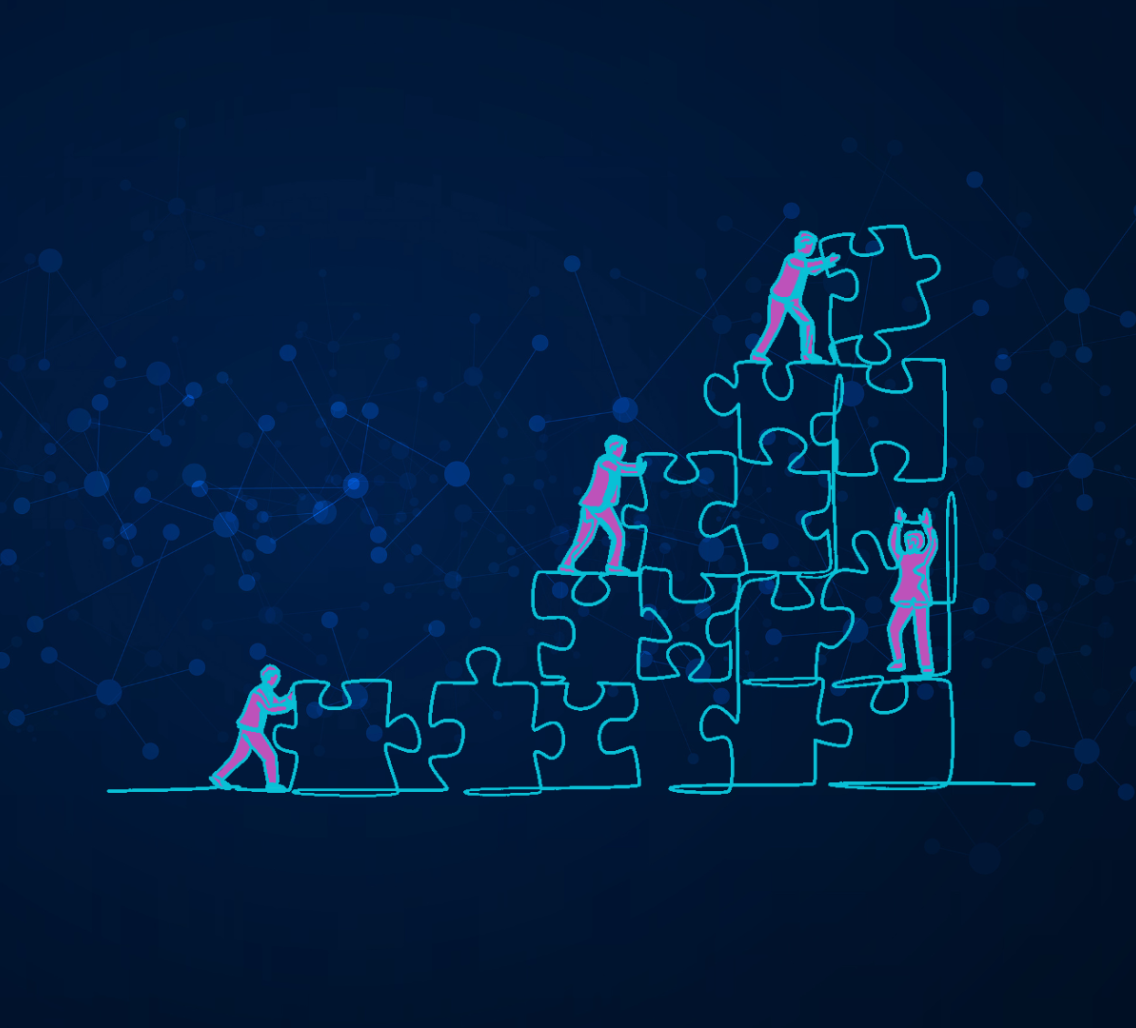 Graphic design of people working together to build a staircase out of puzzle pieces