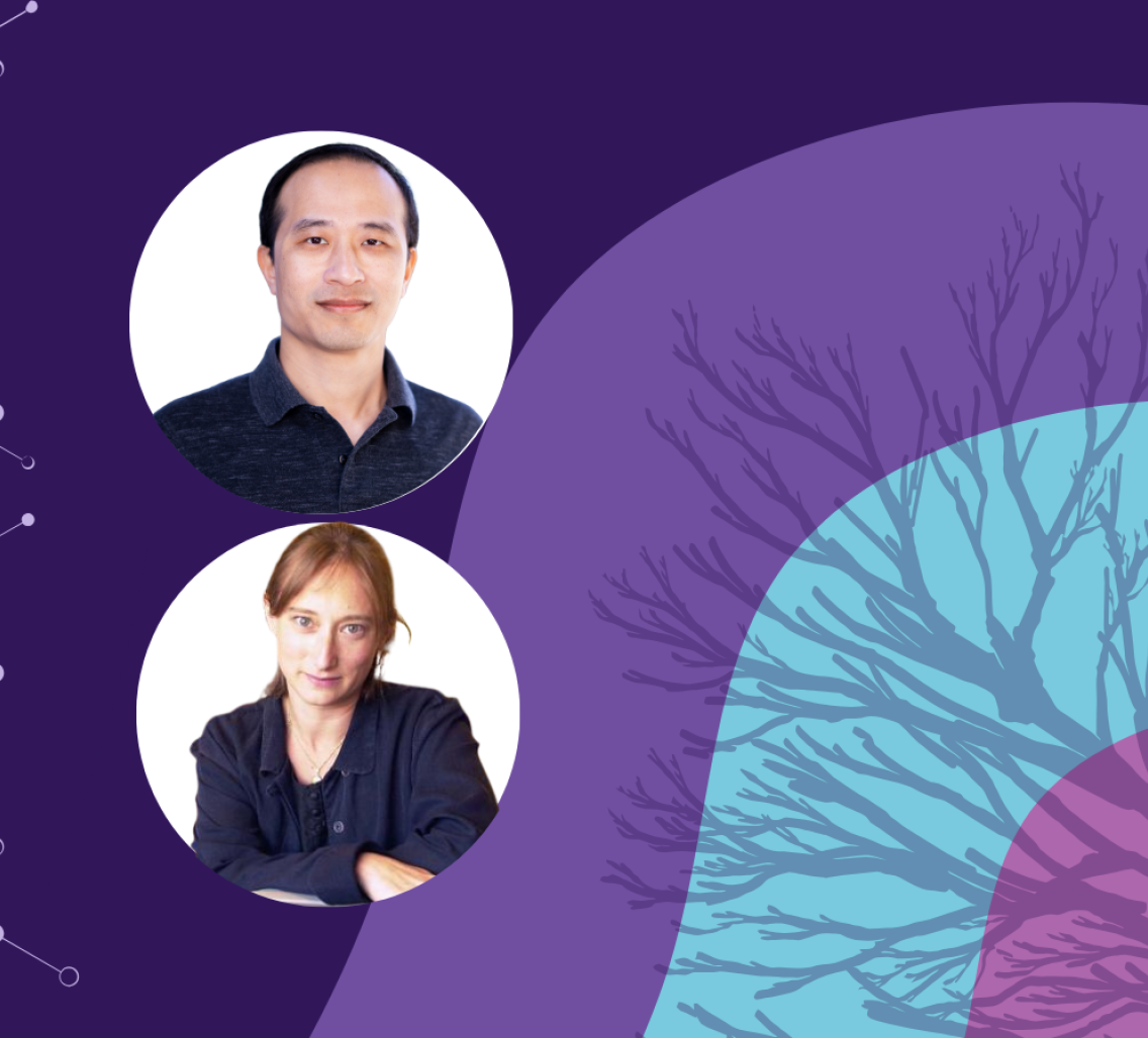 Banner image featuring two circle headshots against a purple and blue background design.