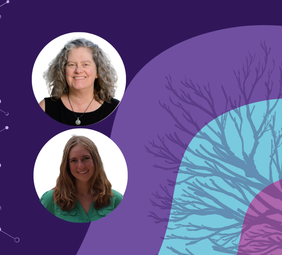 Banner image featuring two circle headshots against a purple and blue background design.