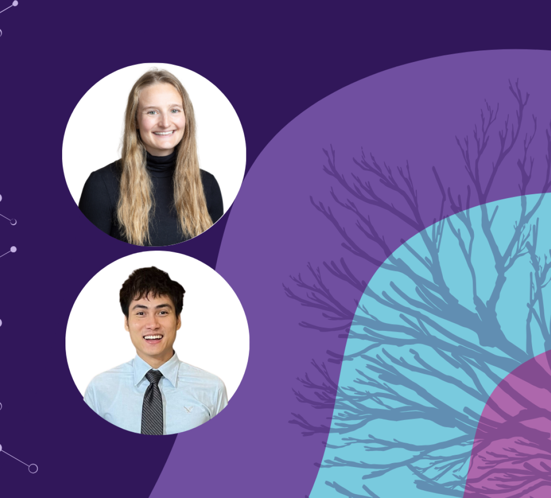 Banner image featuring two circle headshots against a purple and blue background design.