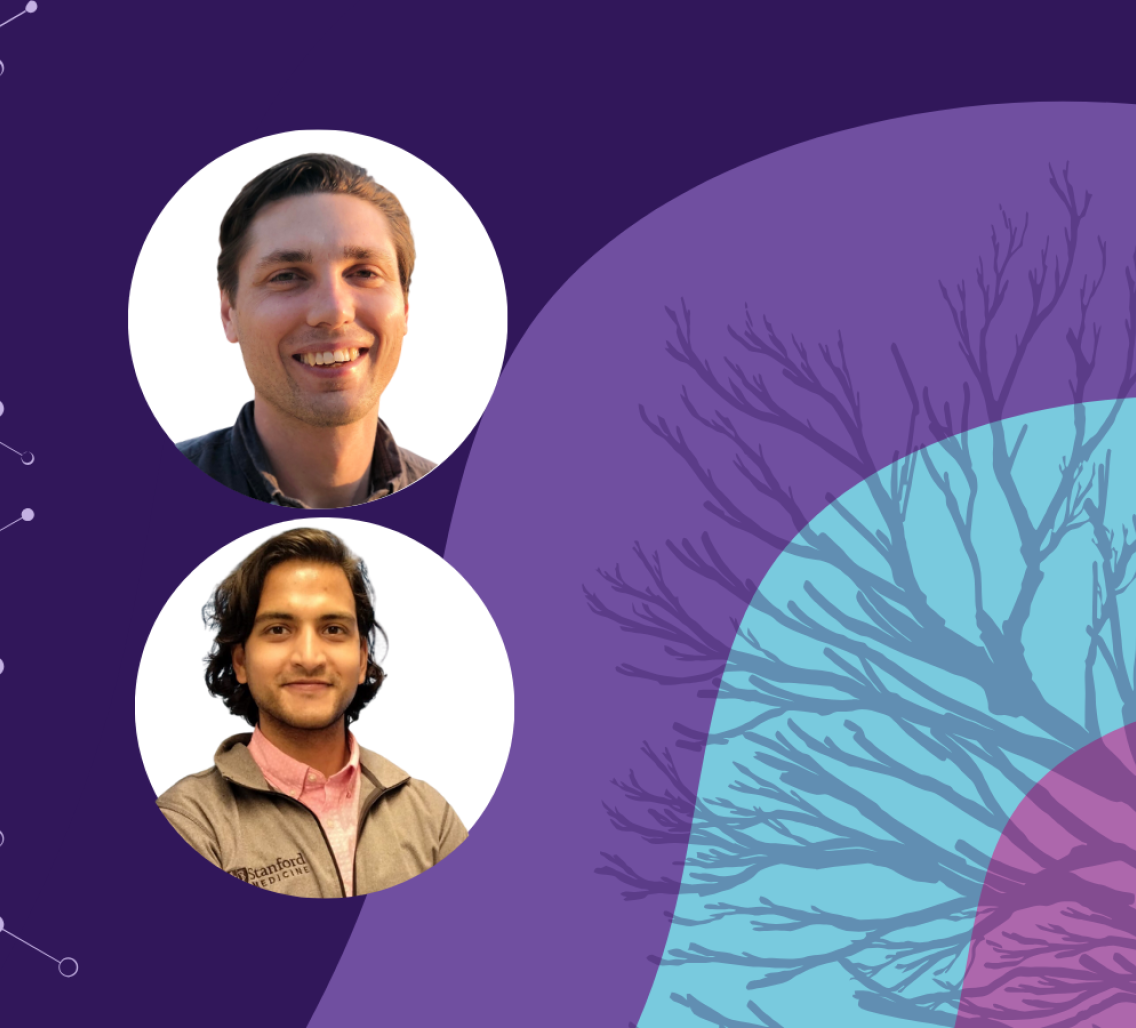 Banner image featuring two circle headshots against a purple and blue background design.