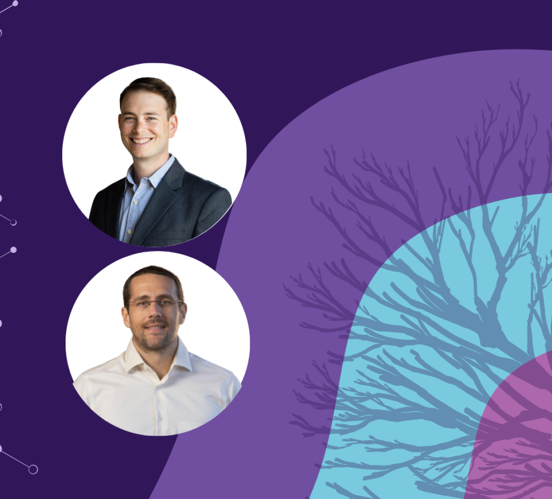 Banner image featuring two circle headshots against a purple and blue background design