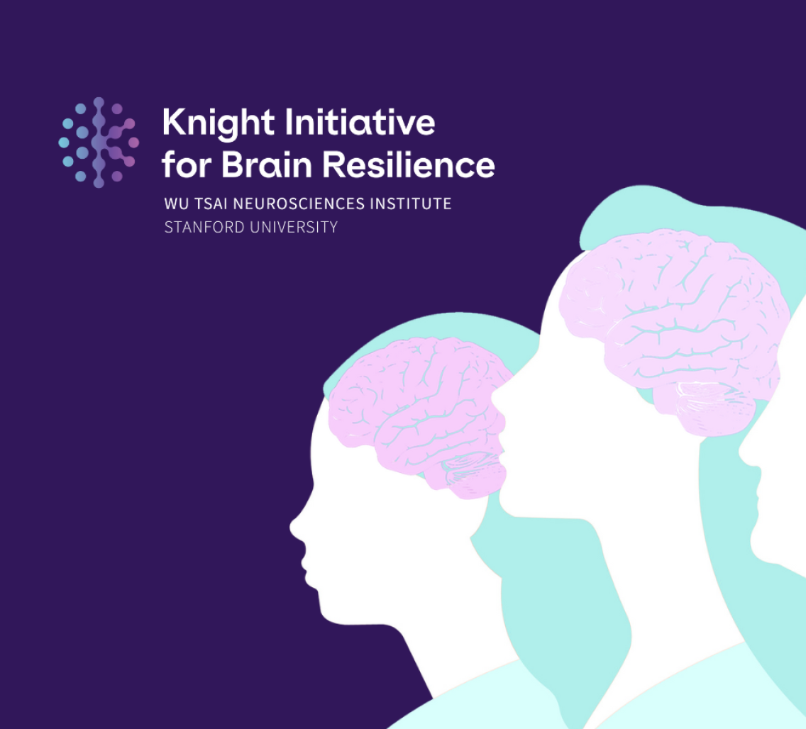Text (left): Knight Initiative for Brain Resilience, Wu Tsai Neurosciences Institute, Stanford University. Image (right): A graphic design of three individuals turned left with a brain overlayed on each (to visually represent the stages of biological brain aging)