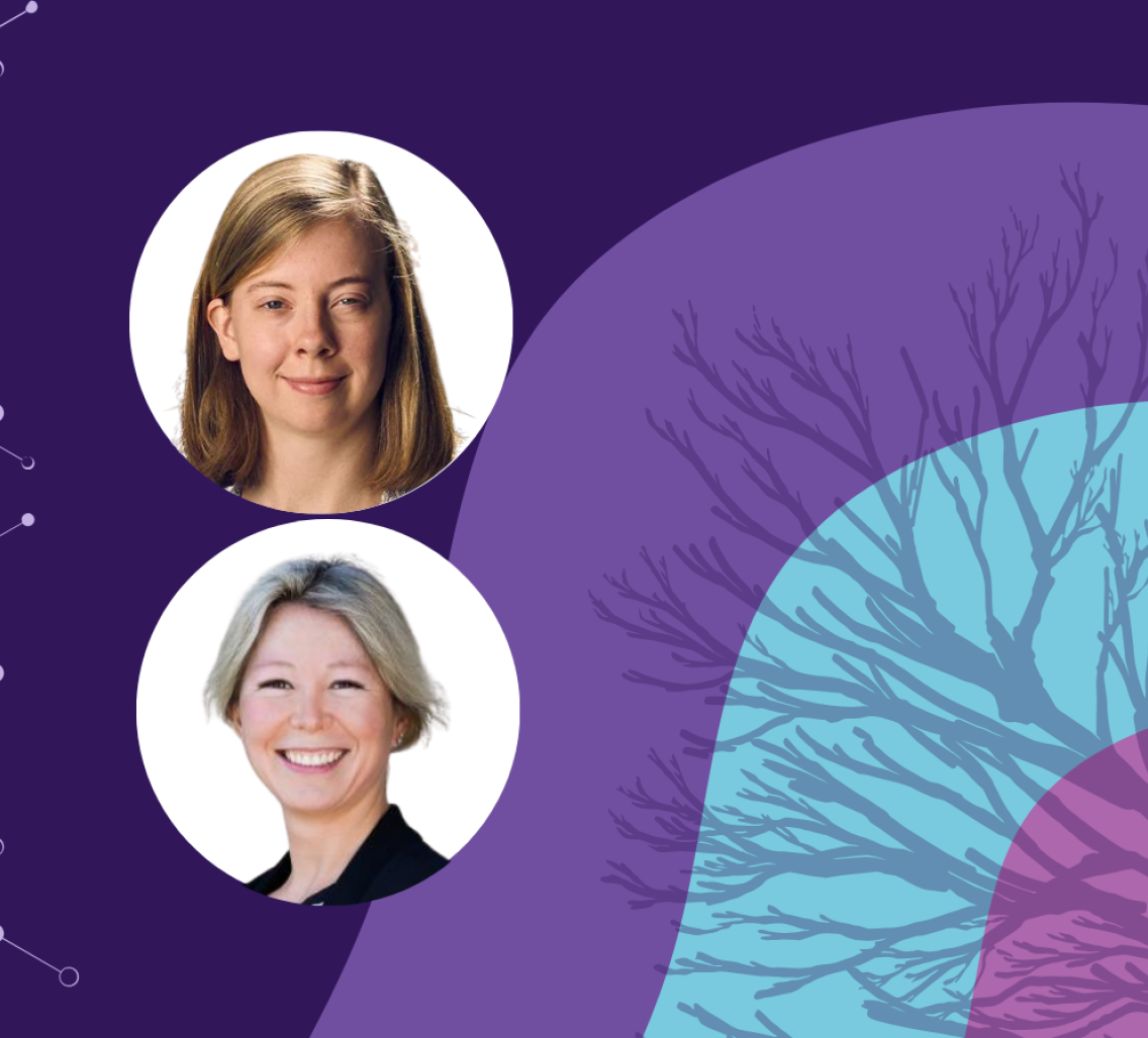 Banner image featuring two circle headshots against a purple background design