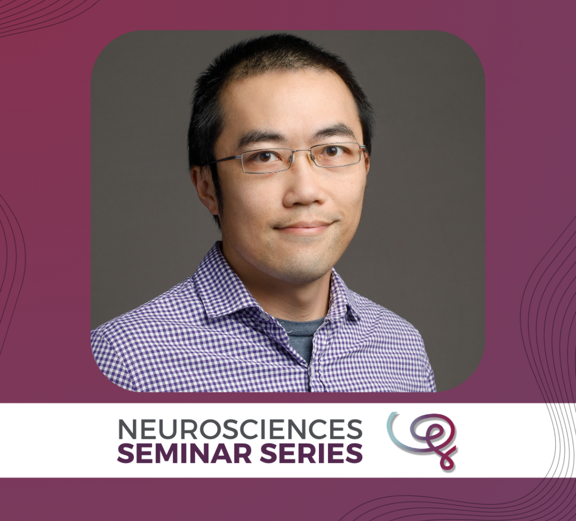 Headshot of Dr. Alex Kwan framed with a purple border. A white banner at the bottom reads 'Neurosciences Seminar Series' next to the Wu Tsai Neuro logo.