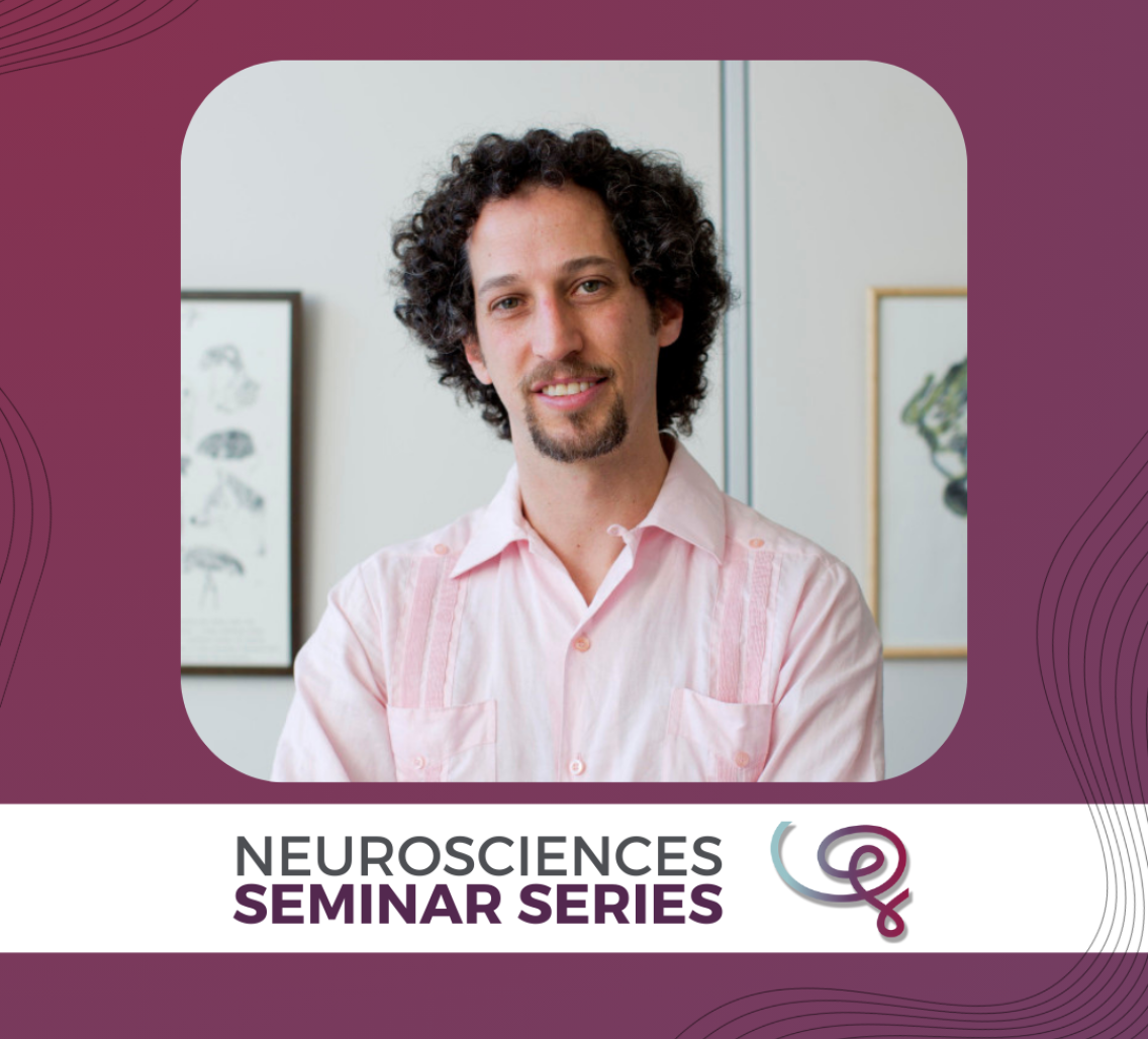 Headshot of Dr. Andres Bendesky framed with a purple border. A white banner at the bottom reads 'Neurosciences Seminar Series' next to the Wu Tsai Neuro logo.