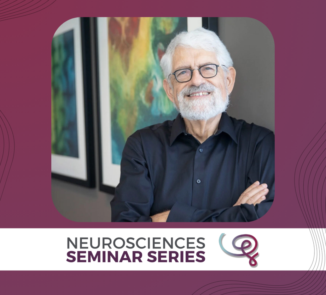 Headshot of Dr. Haim Sompolinsky framed with a purple border. A white banner at the bottom reads 'Neurosciences Seminar Series' next to the Wu Tsai Neuro logo.