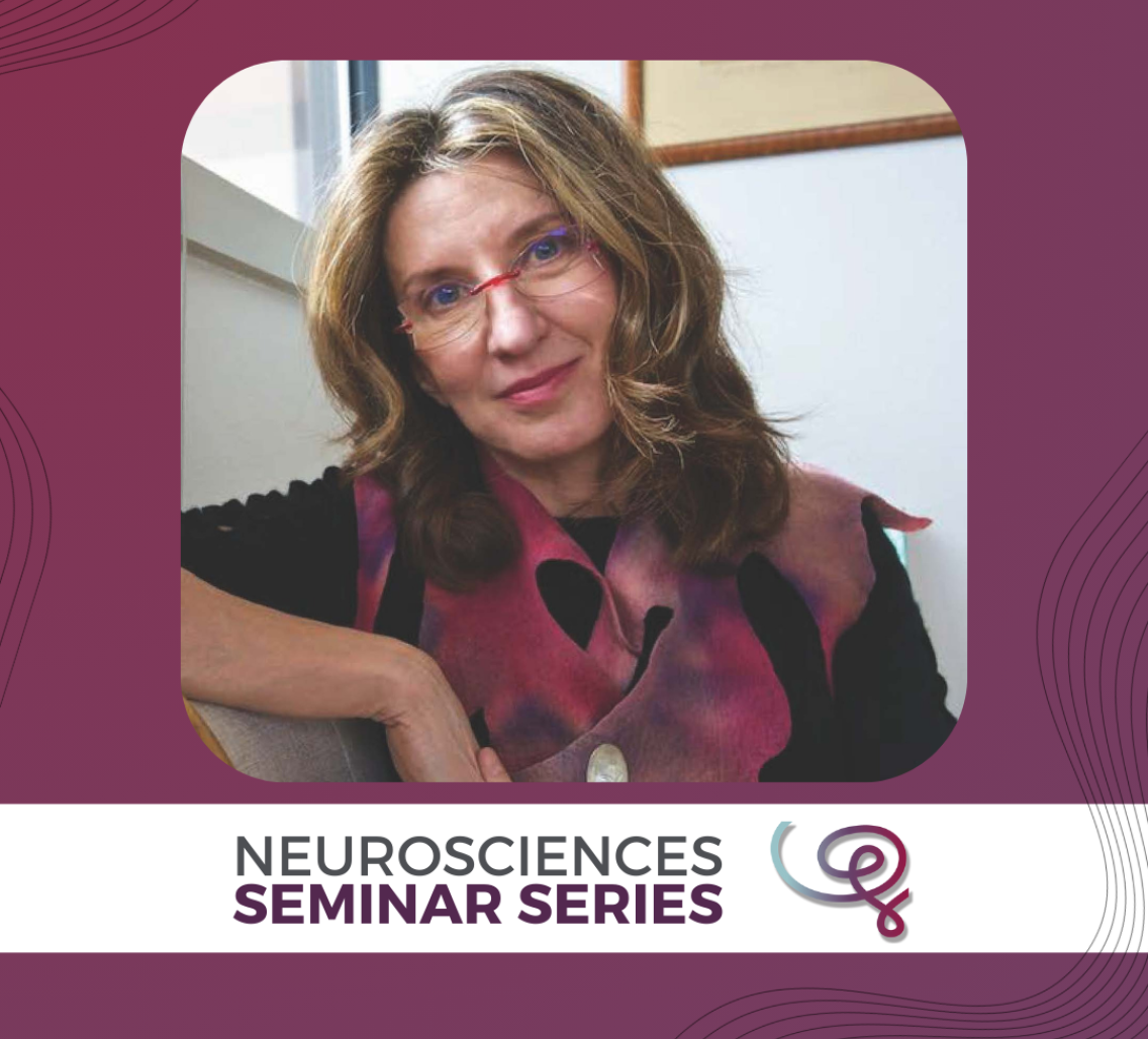 Headshot of Dr. Katalin Gothard framed with a purple border. A white banner at the bottom reads 'Neurosciences Seminar Series' next to the Wu Tsai Neuro logo.