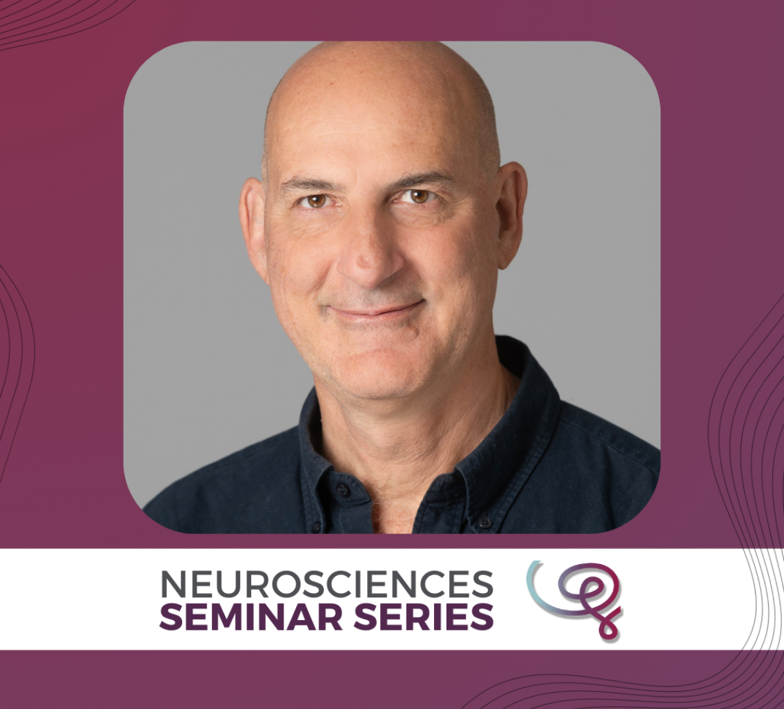 Headshot of Dr. Matteo Carandini framed with a purple border. A white banner at the bottom reads 'Neurosciences Seminar Series' next to the Wu Tsai Neuro logo.