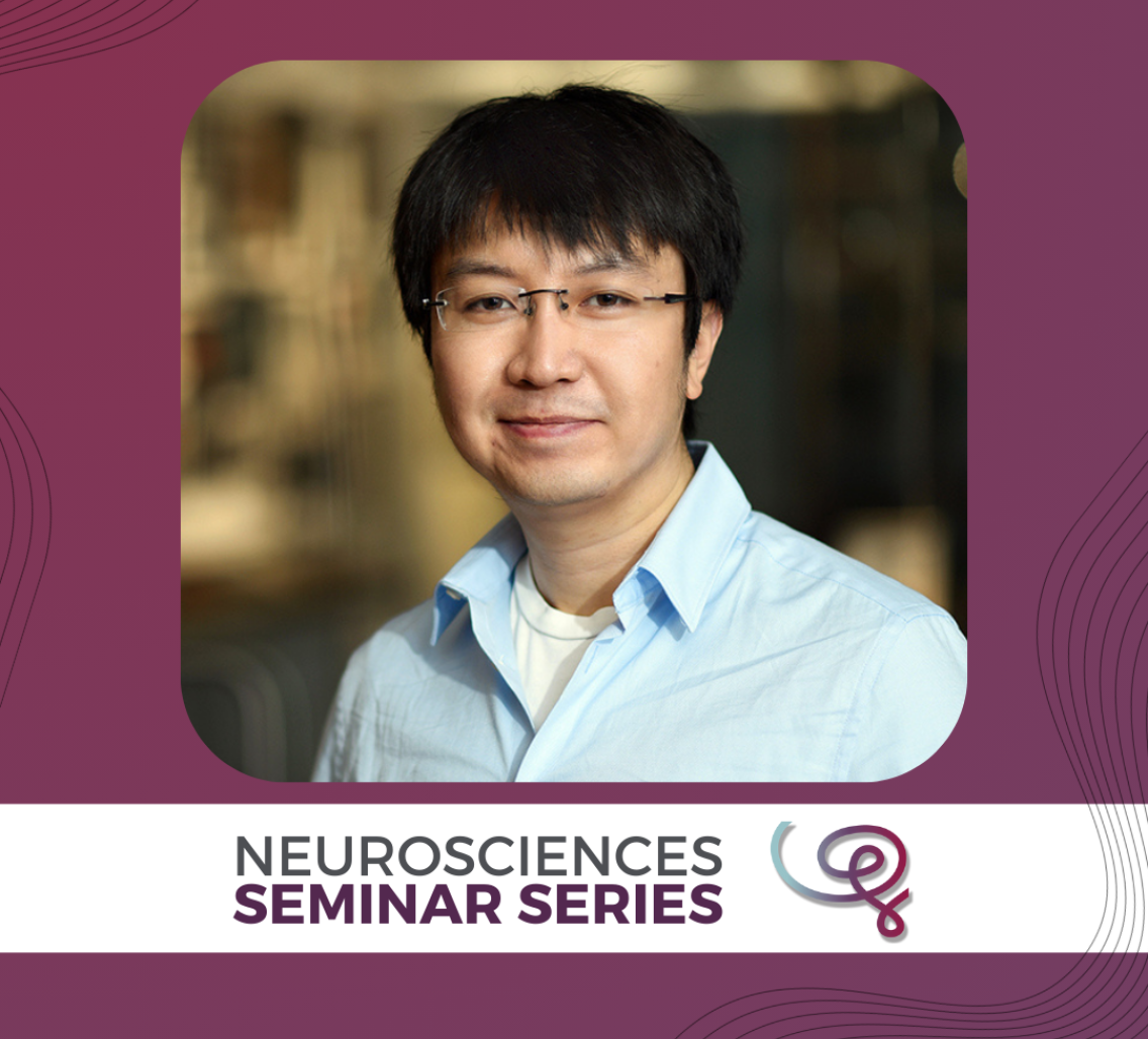 Headshot of Dr. Nuo Li framed with a purple border. A white banner at the bottom reads 'Neurosciences Seminar Series' next to the Wu Tsai Neuro logo.