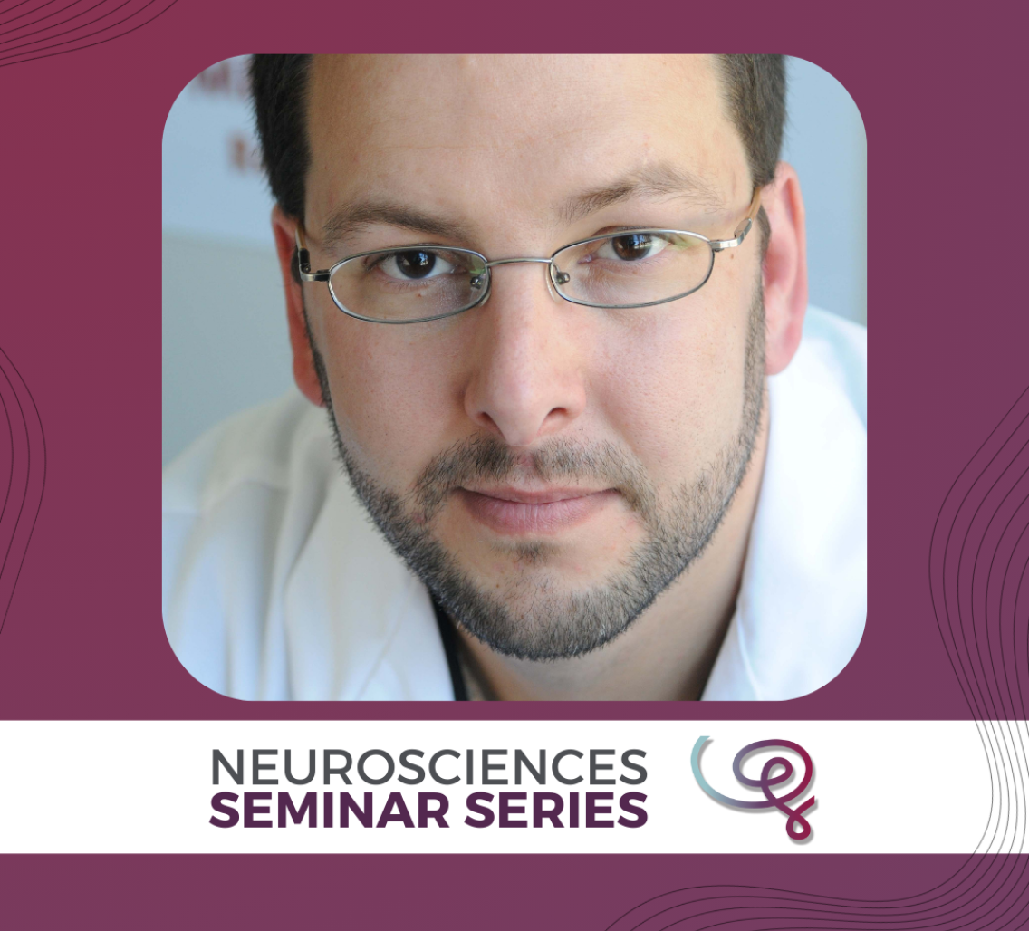 Headshot of Dr. Randy Buckner framed with a purple border. A white banner at the bottom reads 'Neurosciences Seminar Series' next to the Wu Tsai Neuro logo.