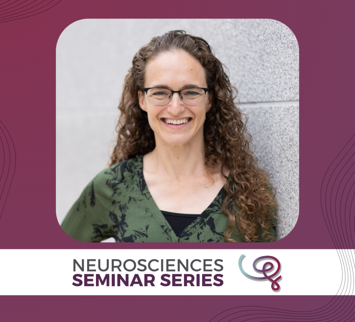 Headshot of Dr. Rebecca Saxe framed with a purple border. A white banner at the bottom reads 'Neurosciences Seminar Series' next to the Wu Tsai Neuro logo.