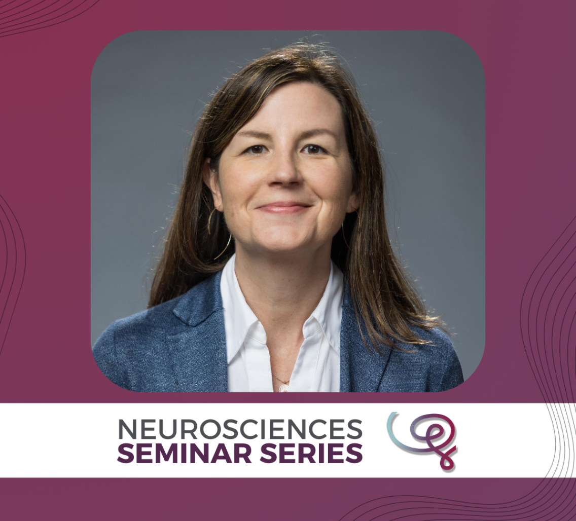 Headshot of Dr. Staci Bilbo framed with a purple border. A white banner at the bottom reads 'Neurosciences Seminar Series' next to the Wu Tsai Neuro logo.