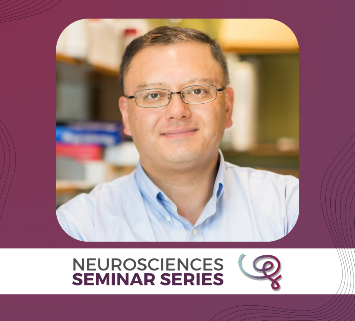 Headshot of Dr. Takao Hensch framed with a purple border. A white banner at the bottom reads 'Neurosciences Seminar Series' next to the Wu Tsai Neuro logo.