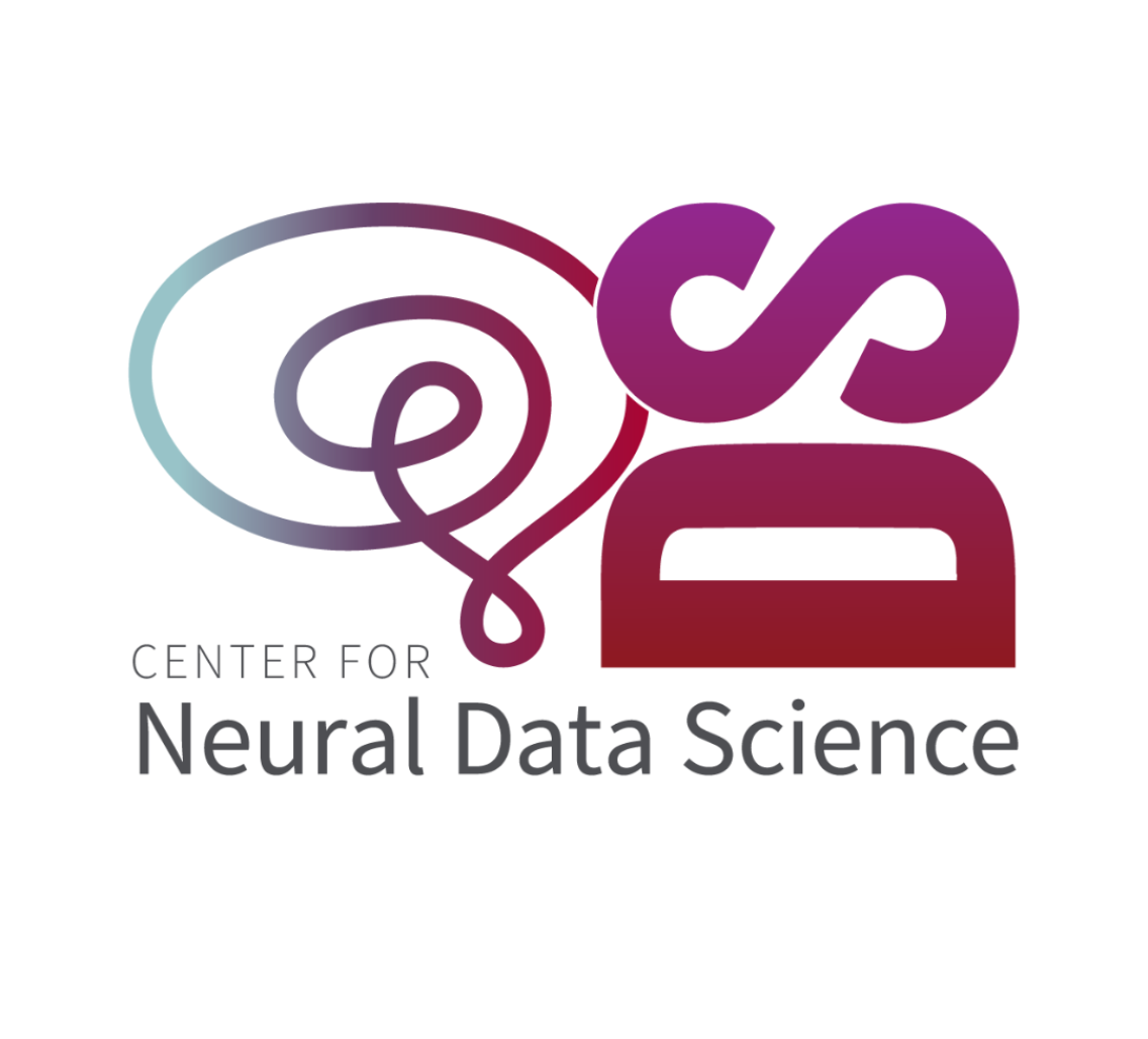 Logo for the Center for Neural Data Science. The design features an abstract spiral line forming a stylized brain on the left, connected to bold, gradient letters “DS” on the right in shades of purple, magenta, and red. Below, the text reads “CENTER FOR Neural Data Science” in gray and black.