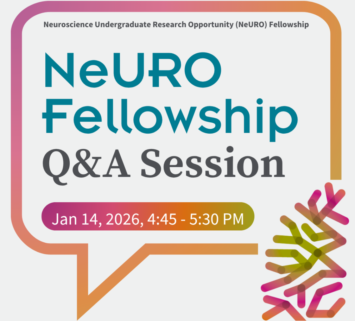 Graphic announcing the NeURO Fellowship Q&A Session. Large text reads “NeURO Fellowship Q&A Session.” A colorful speech-bubble frame surrounds the text. A magenta-to-gold bar lists the date and time: Jan 14, 2026, 4:45–5:30 PM. Decorative multicolor neuron-like shapes appear on the right.