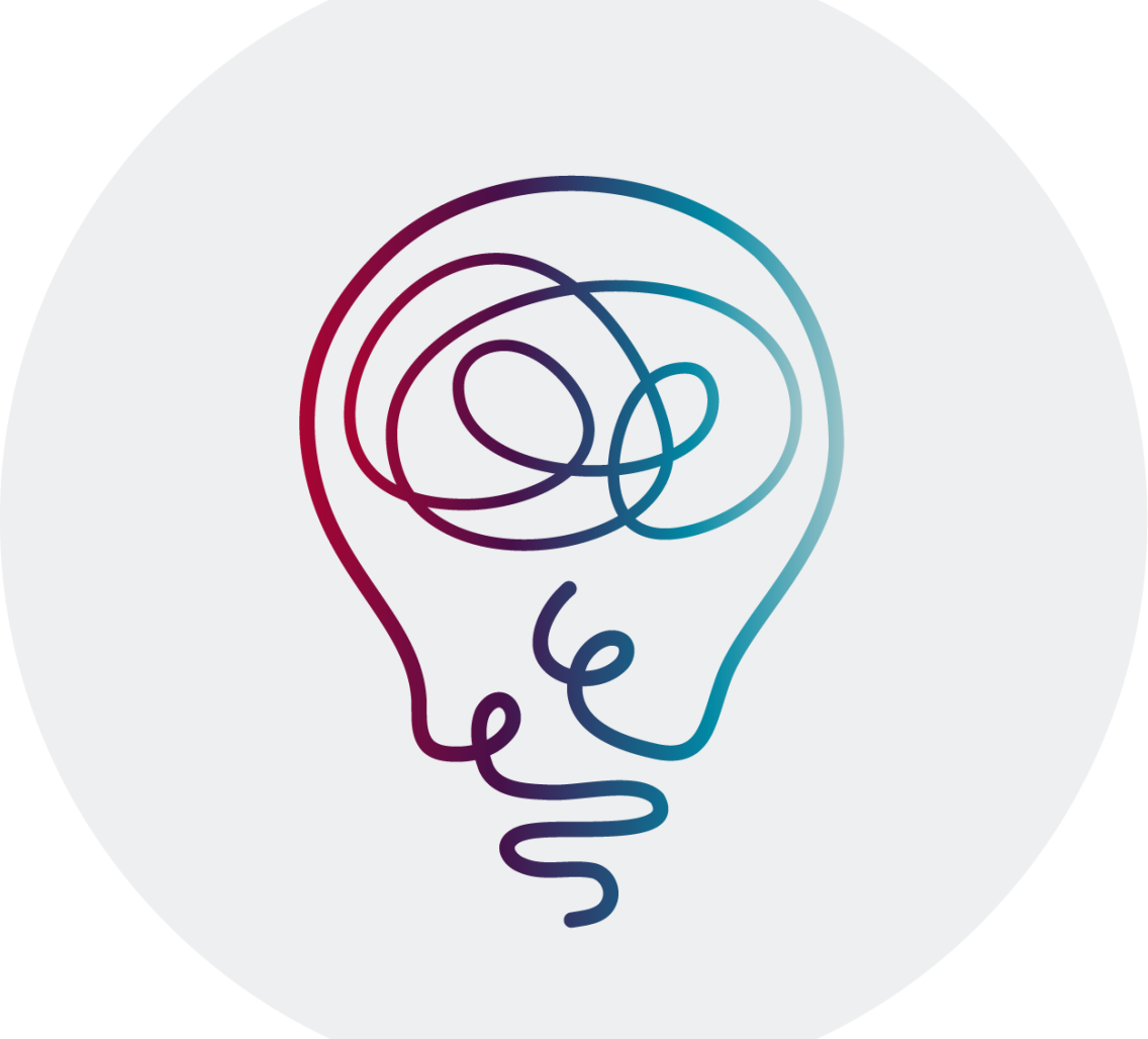 A stylized gradient line-art lightbulb, drawn with swirling magenta-to-teal strokes, centered inside a light gray circular background.