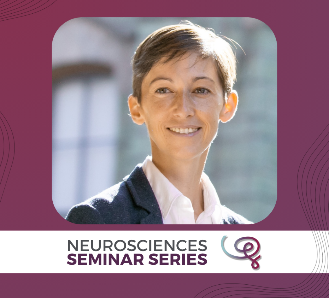 Headshot of Dr. Dani Bassett framed with a purple border, a white banner along the bottom reads Neurosciences Seminar Series, next to the Wu Tsai Neurosciences logo.