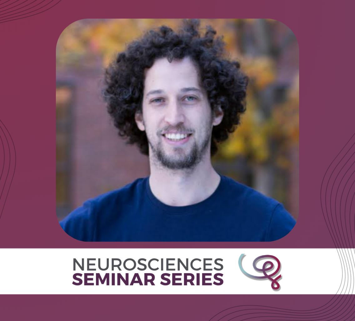 Headshot of Dr. Andres Bendesky framed with a purple border and labeled Neurosciences Seminar Series at the top with the Wu Tsai Neuro logo.