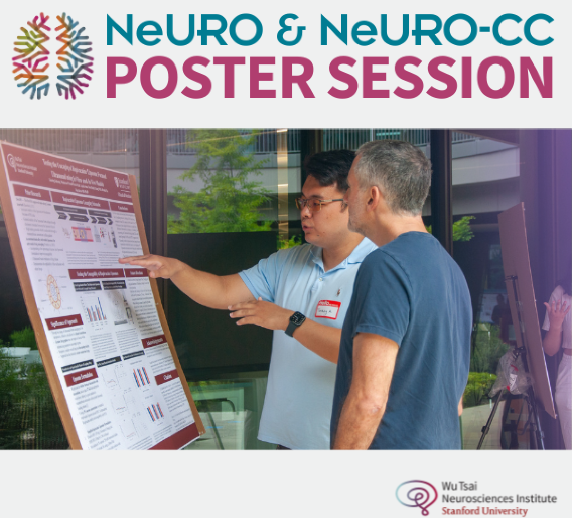 Teal "NeURO & NeURO-CC" and magenta "POSTER SESSION" header above a photo of two people discussing a research poster, with the Wu Tsai Neurosciences Institute logo at bottom right.