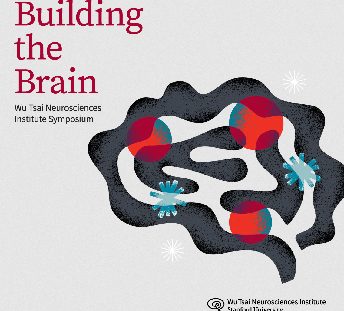 Maroon title "Building the Brain" left with "Wu Tsai Neurosciences Institute Symposium" below; textured black brain illustration at right with red/teal nodes and blue starbursts on a pale gray background; institute logo bottom right.